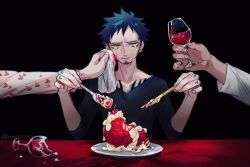 Rule 34 | 3boys, black hair, black shirt, blood, broken glass, brothers, chest tattoo, commentary request, crying, crying with eyes open, cup, demorzel, devil fruit, donquixote doflamingo, donquixote rocinante, drinking glass, earrings, eating, facial hair, fork, glass, goatee, hand tattoo, handkerchief, heart, heart print, holding, holding cup, holding fork, holding handkerchief, holding knife, jewelry, knife, male focus, multiple boys, one piece, plate, shirt, short hair, siblings, sitting, table, tablecloth, tattoo, tears, trafalgar law, white shirt, wine glass, yellow eyes