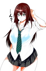 Rule 34 | 1girl, blush, breasts, brown hair, green eyes, highres, jewelry, large breasts, long hair, looking at viewer, necklace, necktie, school uniform, solo, taihei tengoku