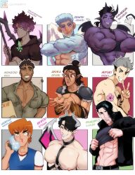 6+boys abs angel_wings artist_name bad_id bad_twitter_id bara bat_wings beard_stubble black_hair black_sclera blood blue_vest borrowed_character brown_eyes brown_hair bruise bruise_on_face clothes_lift collage collared_shirt colored_sclera colored_skin crossed_arms dark-skinned_male dark_skin demon_horns demon_wings dilftown_(schizoid) ear_piercing facial_hair flower flower_tattoo freckles green_eyes green_shirt grey_eyes grey_hair gumroad_logo gumroad_username highres horns idoraad injury large_pectorals looking_at_viewer male_focus mature_male multiple_boys muscular muscular_male mustache_stubble navel nipples nosebleed one_eye_closed orange_hair original pectoral_cleavage pectorals piercing pink_flower pointy_ears purple_eyes purple_hair purple_skin red_eyes rico_souza shirt shirt_lift short_hair smile stubble tattoo teeth undercut v vest white_background white_hair wings