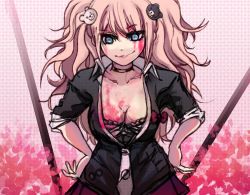 Rule 34 | 1girl, bear hair ornament, ben-day dots, bent over, black choker, black neckwear, blonde hair, blood, blood on breasts, blood on chest, blood on face, blood splatter, blue eyes, bow, bowtie, bra, breasts, choker, cleavage, collarbone, collared shirt, danganronpa: trigger happy havoc, danganronpa (series), enoshima junko, hair ornament, hands on own hips, itzel nopal, large breasts, long braid, long eyelashes, long hair, looking down, multicolored necktie, multicolored neckwear, necktie, pink background, pink blood, pink lips, pleated skirt, polearm, red bow, red skirt, screentones, shirt, simple background, skirt, smile, smirk, spear, twintails, two-tone neckwear, underwear, upper body, weapon