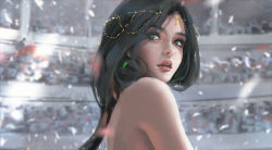 Rule 34 | 1girl, bare shoulders, black hair, blurry, blurry background, commentary request, crowd, depth of field, earrings, freckles, from side, green eyes, highres, jewelry, lipstick, long hair, looking afar, looking away, looking to the side, makeup, parted lips, red lips, solo focus, wlop