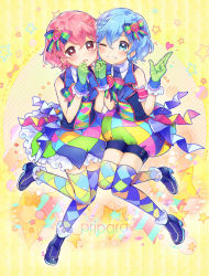 Rule 34 | 1boy, 1girl, ;d, asymmetrical legwear, blue eyes, blue hair, bow, brother and sister, checkered clothes, checkered legwear, colorful, dorothy west, dress, frills, full body, gloves, green gloves, grin, hair bow, hair ornament, hair ribbon, highres, reona west, looking at viewer, mismatched legwear, mole, mole under eye, multicolored clothes, multicolored dress, multicolored legwear, multicolored skirt, multiple girls, necktie, one eye closed, open mouth, patterned legwear, pink eyes, pink hair, plaid, pretty series, pripara, ribbon, shoes, short hair, siblings, skirt, smile, thighhighs, touyama soboro, trap, twins, zettai ryouiki