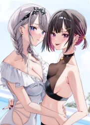 Rule 34 | 2girls, :p, arm around waist, asymmetrical docking, black hairband, black nails, blue eyes, blush, braid, breast press, breasts, chigusa minori, choker, cleavage, frills, grey hair, hair ornament, hairband, highres, large breasts, long hair, looking at viewer, medium breasts, multicolored hair, multiple girls, nail polish, parted lips, purple eyes, saotome shino (shino to ren), shino to ren, shirayuki ren, short hair, swimsuit, tongue, tongue out, twin braids