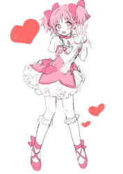 Rule 34 | 1girl, :d, ankle ribbon, blush, blush stickers, breasts, choker, collarbone, dot nose, double v, frilled skirt, frilled sleeves, frilled socks, frills, gloves, hair between eyes, hands up, happy, heart, heart background, kaname madoka, leg ribbon, legs apart, mahou shoujo madoka magica, mahou shoujo madoka magica (anime), open mouth, pink choker, pink eyes, pink footwear, pink hair, pink neckwear, pink ribbon, pipi o (pipioo08), puffy short sleeves, puffy sleeves, ribbon, short sleeves, short twintails, simple background, skirt, small breasts, smile, socks, solo, soul gem, standing, twintails, v, white background, white gloves, white skirt, white socks