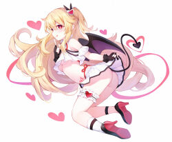 1girl :q absurdres aimh anklet arms_up ass benghuai_xueyuan black_footwear black_gloves black_tail black_wings blonde_hair bra bra_strap breasts bridal_garter bright_pupils closed_eyes clothes_lift collar colored_shoe_soles crop_top demon_tail demon_wings detached_sleeves femirins_(benghuai_xueyuan) fingerless_gloves floating floating_hair frilled_collar frills from_side full_body gloves hair_ornament hand_up heart heart-shaped_pupils heart_hair_ornament high_heels highleg highleg_panties highres honkai_(series) index_finger_raised infinity_symbol jewelry lifting_own_clothes light_blush long_hair looking_at_viewer miniskirt navel one_side_up panties petite pleated_skirt pubic_tattoo puffy_short_sleeves puffy_sleeves pumps red_bra red_eyes red_panties shoe_soles shoes short_sleeves side-tie_panties simple_background single_sock skirt skirt_lift small_breasts smile socks solo stomach symbol-shaped_pupils tail tattoo tongue tongue_out underboob underwear very_long_hair white_background white_pupils white_skirt white_socks wings