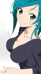 Rule 34 | 1girl, black shirt, blouse, blue eyes, blue hair, breasts, collarbone, commentary request, from side, long hair, looking at viewer, medium breasts, original, shirt, simple background, sleeves rolled up, smile, solo, upper body, v-neck, white background, yuu (1007yu)
