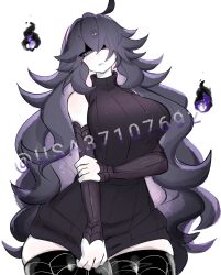 Rule 34 | ahoge, arm warmers, bare shoulders, black hair, breasts, creatures (company), game freak, ghost flame, hex maniac (pokemon), high collar, highres, large breasts, long hair, looking at viewer, messy hair, multicolored hair, nintendo, pale skin, pokemon, pokemon xy, purple eyes, purple hair, sweater, thick thighs, thighhighs, thighs, usa37107692, very long hair, wide hips, zettai ryouiki