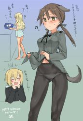 Rule 34 | +++, 3girls, :d, ?, animal ears, aohashi ame, black jacket, black legwear, black ribbon, blonde hair, blue jacket, brown eyes, brown hair, character name, closed mouth, clothes lift, unworn clothes, commentary request, crotch seam, dog ears, dog tail, english text, erica hartmann, facing another, frown, gertrud barkhorn, glasses, grey jacket, hair ribbon, happy birthday, head rest, highres, jacket, long hair, looking at viewer, military, military uniform, multiple girls, naked towel, navel, neck ribbon, notice lines, open mouth, panties, panties under pantyhose, pantyhose, perrine h. clostermann, ribbon, shirt lift, short hair, smile, standing, strike witches, sweatdrop, tail, towel, translated, twintails, underwear, uniform, world witches series