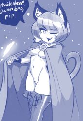 Rule 34 | animal ears, bigdead93, blush, boots, breasts, cape, cat ears, cat girl, cat tail, elden ring, highres, medium breasts, nathy, one eye closed, petite, short hair, sketch, small breast, smug, snow, tail, thigh boots, thighs