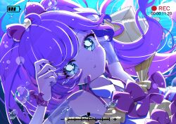 Rule 34 | 1girl, ahoge, air bubble, arm up, backlighting, battery indicator, blue background, blue eyes, bow, bubble, commentary request, floating hair, hair bow, hand up, highres, idol clothes, long hair, looking at viewer, manaka laala, milon cas, parted lips, pink bow, pretty series, pripara, purple hair, recording, solo, sparkle, twintails, underwater, upper body, very long hair