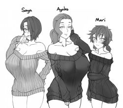 Rule 34 | 3girls, :3, :d, alternate hairstyle, aran sweater, arm at side, arm under breasts, ayako (twrlare), bare shoulders, black sweater, blush, breasts, cable knit, character name, collarbone, commentary, covered erect nipples, cowboy shot, english commentary, eyes visible through hair, forehead, freckles, greyscale, hair over one eye, hand on own hip, hand on own cheek, hand on own face, hand to own mouth, hand up, huge breasts, long hair, long sleeves, looking at viewer, low twintails, mari (twrlare), mature female, mole, mole under eye, monochrome, mother and daughter, mouth visible through hair, multiple girls, no pants, off-shoulder sweater, off shoulder, open mouth, original, parted lips, ponytail, ribbed sweater, saya (twrlare), short hair, short twintails, siblings, simple background, single bare shoulder, sisters, sleeves past wrists, smile, sweater, twintails, twrlare, white background