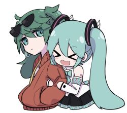 Rule 34 | &gt; &lt;, 2girls, aqua bow, aqua eyes, aqua hair, arm hug, bare shoulders, black skirt, black sleeves, bow, bowtie, chibi, commentary, dual persona, expressionless, eyewear on head, green hair, hair ornament, hands in pockets, hatsune miku, holding own arm, jacket, long hair, looking at another, magical mirai (vocaloid), magical mirai miku, magical mirai miku (2017), multiple girls, nejikyuu, open mouth, pleated skirt, red jacket, shirt, shoulder tattoo, skirt, smile, suna no wakusei (vocaloid), sunglasses, tattoo, twintails, upper body, very long hair, vocaloid, white shirt, white sleeves, yuri