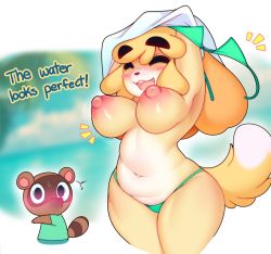 Rule 34 | 1boy, 1girl, animal crossing, animal ears, beach, belly, bikini, blush, bouncing breasts, breasts, closed eyes, dog, dog ears, dog girl, dog tail, english text, furry, furry female, furry male, highres, isabelle (animal crossing), large areolae, large breasts, nintendo, nipples, raccoon boy, raikissu, smile, surprised, sweatdrop, swimsuit, tail, text focus, wide-eyed