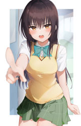 Rule 34 | 1girl, auui, black hair, blush, bow, bowtie, breasts, brown eyes, commentary request, green bow, green bowtie, green skirt, highres, kotegawa yui, long hair, looking at viewer, open mouth, plaid, plaid skirt, pointing, pointing at viewer, sainan high school uniform, school uniform, shirt, short sleeves, skirt, solo, sweater vest, teeth, to love-ru, uniform, upper teeth only, white shirt, yellow sweater vest