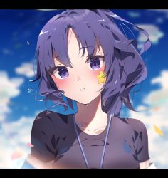Rule 34 | 1girl, absurdres, alternate hairstyle, black shirt, blue archive, blue background, blue sky, blurry, blurry background, blush, breasts, cloud, highres, lanyard, letterboxed, looking at viewer, medium hair, na2 tomato, official alternate costume, parted lips, ponytail, purple eyes, purple hair, shirt, sidelocks, sky, solo, star (symbol), star sticker, sweat, upper body, yuuka (blue archive), yuuka (track) (blue archive)
