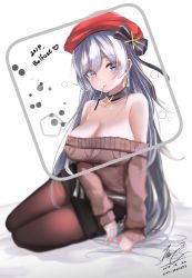 Rule 34 | 1girl, 2019, aran sweater, azur lane, bare shoulders, belfast (azur lane), belfast (shopping with the head maid) (azur lane), beret, black skirt, blurry, bow, breasts, brown pantyhose, brown sweater, cable knit, character name, choker, cleavage, collarbone, commentary request, dated, earrings, food, hair bow, hat, highres, hoop earrings, jewelry, large breasts, long hair, long sleeves, looking at viewer, mouth hold, off-shoulder sweater, off shoulder, pantyhose, pencil skirt, pocky, purple eyes, red hat, sidelocks, signature, silver hair, sitting, skirt, solo, sweater, teratsuki, very long hair, yokozuwari