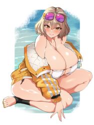 Rule 34 | 1girl, anis (nikke), anis (sparkling summer) (nikke), barefoot, bikini, blush, breasts, brown eyes, brown hair, closed mouth, eyepatch bikini, eyewear on head, feet, goddess of victory: nikke, heart, highres, jacket, jewelry, large breasts, looking at viewer, navel, necklace, off shoulder, official alternate costume, sitting, smile, solo, sunglasses, swimsuit, symbol-shaped pupils, thick thighs, thighs, toes, white bikini, yellow jacket, yonekura (bakuzen)