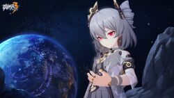 Rule 34 | 1girl, closed mouth, drill hair, dust, dying, earrings, earth (planet), eyebrows hidden by hair, grey hair, highres, honkai (series), honkai impact 3rd, jewelry, logo, looking at hand, official art, official wallpaper, planet, prometheus (honkai impact), red eyes, short hair, solo, space, upper body