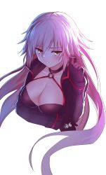 Rule 34 | 1girl, absurdres, backlighting, bikini, bikini top only, black bikini, black choker, black jacket, blush, breast hold, breasts, choker, cleavage, closed mouth, collarbone, commentary request, cropped torso, fate/grand order, fate (series), floating hair, gogatsu fukuin, grey eyes, hair between eyes, halterneck, hand up, high collar, highres, holding, holding hair, jacket, jeanne d&#039;arc alter (swimsuit berserker) (fate), jeanne d&#039;arc (fate), jeanne d&#039;arc alter (fate), jeanne d&#039;arc alter (swimsuit berserker) (fate), large breasts, long hair, long sleeves, looking at viewer, o-ring, o-ring top, open clothes, open jacket, shrug (clothing), sidelocks, signature, simple background, solo, swimsuit, upper body, white background, white hair