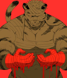 Rule 34 | 1boy, animal ears, bandage over one eye, bara, blood, blood on hands, collarbone, furry, furry male, grin, highres, large pectorals, male focus, muscular, muscular male, nomad (housamo), one eye covered, pectorals, red background, red eyes, saliva, short hair, simple background, smile, solo, spot color, sumi wo hakuneko, tail, tiger ears, tiger tail, tokyo houkago summoners