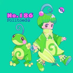 Rule 34 | 1girl, blush, brown eyes, character name, creature and personification, creatures (company), frog, full body, game freak, gen 2 pokemon, green background, green footwear, green hair, high collar, holding, holding umbrella, long sleeves, looking at viewer, narumame, nintendo, personification, poke ball, poke ball (basic), pokedex number, pokemon, pokemon (creature), politoed, shoes, short hair, simple background, smile, umbrella, walking