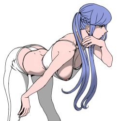 Rule 34 | 1girl, adjusting hair, alternate costume, ass, azur lane, bad id, bad pixiv id, blue hair, braid, breasts, cleavage, collarbone, commentary request, crop top, dimples of venus, downblouse, essex (azur lane), fingernails, french braid, hand on own knee, hanging breasts, korean commentary, large breasts, leaning forward, nipple slip, nipples, no bra, panties, pants, radiocupcake, shirt, solo, tank top, twintails, underwear, whale tail (clothing), white background, white panties, white pants, white shirt, yellow eyes