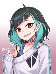 Rule 34 | 1girl, black camisole, black hair, blue hair, blush, camisole, closed mouth, commentary request, demon horns, fang, flat chest, gradient background, grey choker, grey sweater, grey tank top, hair ornament, hairclip, heebee, highres, horns, long sleeves, looking at viewer, medium hair, multicolored hair, nanashi inc., off shoulder, official alternate costume, pink background, pointy ears, red eyes, shishio chris, shishio chris (2nd costume), smile, solo, strap slip, sugar lyric, sweater, tank top, twitter username, two-tone hair, upper body, virtual youtuber