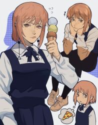 Rule 34 | 1girl, andrei (shidanasu), brown hair, chainsaw man, dress, earrings, elbow rest, fami (chainsaw man), food, fourth east high school uniform, head rest, highres, holding food, holding ice cream, ice cream, jewelry, looking at viewer, looking to the side, mole, mole under eye, mole under mouth, pinafore dress, pizza, ringed eyes, school uniform, short hair, sleeveless, sleeveless dress, tassel, tassel earrings, thought bubble, white background, yellow eyes