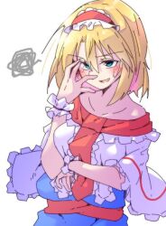 Rule 34 | 1girl, alice margatroid, arm under breasts, blonde hair, blue dress, blue eyes, blush, capelet, chuunibyou, dondyuruma, dress, frilled hairband, frills, hairband, lolita hairband, medium hair, off shoulder, open mouth, red hairband, smile, solo, squiggle, sweatdrop, touhou, white capelet, wrist cuffs