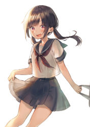 Rule 34 | 1girl, :d, black sailor collar, black skirt, blush, brown hair, commentary request, fang, holding, long hair, looking at viewer, low ponytail, midorikawa you, neckerchief, open mouth, original, pleated skirt, ponytail, red eyes, red neckerchief, sailor collar, school uniform, serafuku, shirt, short sleeves, sidelocks, skirt, skirt hold, smile, solo, white background, white shirt
