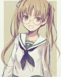 Rule 34 | 10s, 1girl, :d, bad id, bad twitter id, beefrice5, black neckwear, brown eyes, brown hair, brown ribbon, collarbone, girls und panzer, glasses, hair ribbon, long hair, long sleeves, looking at viewer, ooarai school uniform, oono aya, open mouth, ribbon, round eyewear, sailor collar, school uniform, shirt, sketch, smile, solo, twintails, upper body, white shirt