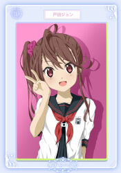 Rule 34 | 1girl, 22/7, :d, black sailor collar, border, brown hair, character name, collarbone, hair ornament, hair scrunchie, high side ponytail, highres, long hair, morinomiya ruri, neckerchief, open mouth, pink background, pink scrunchie, red neckerchief, sailor collar, school uniform, scrunchie, serafuku, short sleeves, sidelocks, smile, solo, toda jun, upper body, v, white serafuku