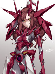 Rule 34 | 1girl, ali al-saachez, arche gundam, armor, artist name, bodysuit, breasts, brown hair, commentary request, commission, dated, evil smile, eyelashes, genderswap, genderswap (mtf), gundam, gundam 00, hair ornament, highres, i.takashi, long hair, looking at viewer, mecha musume, medium breasts, sidelocks, signature, skeb commission, smile, solo, swept bangs, wavy hair, yellow eyes