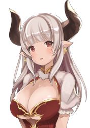 Rule 34 | 10s, 1girl, :d, alicia (granblue fantasy), amripo, blonde hair, blunt bangs, blush, breasts, center opening, cleavage, cross, cross earrings, draph, earrings, eyebrows, eyelashes, fur trim, granblue fantasy, grey background, horns, jewelry, large breasts, long hair, looking at viewer, open mouth, pointy ears, puffy short sleeves, puffy sleeves, red eyes, short sleeves, silver hair, smile, solo, transparent background, underboob, upper body
