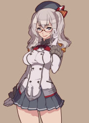 Rule 34 | 10s, 1girl, adjusting eyewear, beret, bespectacled, black skirt, bow, breasts, brown background, clenched hand, collar, epaulettes, female focus, frilled sleeves, frills, glasses, grey eyes, hat, hat bow, kantai collection, kashima (kancolle), kugi ta hori taira, large breasts, long sleeves, military, military uniform, miniskirt, parted lips, pleated skirt, red-framed eyewear, red ribbon, ribbon, semi-rimless eyewear, silver hair, simple background, skirt, solo, standing, two side up, under-rim eyewear, uniform