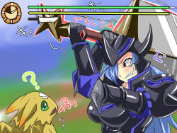 Rule 34 | 1girl, armor, blue hair, dragon, dragon horn hunter, duel monster, monster hunter (series), poki draco, red eyes, sword, weapon, yu-gi-oh!