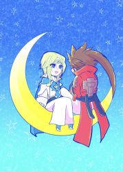 Rule 34 | 2boys, armor, blonde hair, blue eyes, brown hair, chibi, crescent moon, guilty gear, guilty gear 2, highres, ky kiske, looking at another, moon, multiple boys, night, night sky, on crescent, sitting, sky, sol badguy, yaoi