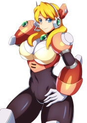 Rule 34 | 1girl, absurdres, alia (mega man), android, armor, black bodysuit, blonde hair, blue eyes, bodysuit, breasts, cleavage, closed mouth, commentary request, covered navel, cowboy shot, gloves, hair over shoulder, hand on own hip, hand up, headset, highres, kotatuman dash, large breasts, long hair, looking at viewer, mega man (series), mega man x (series), pink armor, robot ears, see-through, see-through cleavage, sidelocks, simple background, smile, solo, standing, white background, white gloves