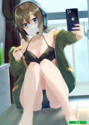 Rule 34 | 1girl, absurdres, armpit peek, ass, bare shoulders, barefoot, bikini, black bikini, blue eyes, breasts, brown hair, cellphone, cleavage, collarbone, green jacket, halterneck, headphones, highres, holding, indoors, iphone 11 pro, iphone xi, jacket, knees up, long hair, long sleeves, looking at viewer, mask, medium breasts, melonbooks, mirota shiori, mouth mask, off shoulder, on floor, open clothes, open jacket, phone, scan, sho bu 1116, sitting, smartphone, solo, surgical mask, swimsuit
