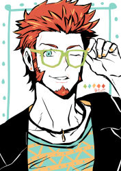 Rule 34 | 1boy, alternate costume, bara, bespectacled, blue eyes, climaxmukr, fate/grand order, fate (series), glasses, green-framed eyewear, long sideburns, long sleeves, male focus, mature male, napoleon bonaparte (fate), one eye closed, open clothes, open shirt, partially colored, portrait, short hair, sideburns, smile, solo