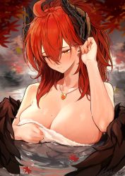 Rule 34 | 1girl, absurdres, ahoge, breasts, cleavage, closed mouth, feathered wings, hair between eyes, highres, horns, isabella (marse), jewelry, large breasts, leaf, long hair, looking away, maple leaf, marse (rokudaime), mole, mole on breast, mole under mouth, naked towel, necklace, original, partially submerged, red hair, solo, towel, upper body, water, wings, yellow eyes