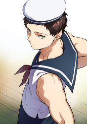 1boy back black_pants boku_no_hero_academia brown_hair earrings hat highres jewelry looking_back multiple_earrings overhaul_(boku_no_hero_academia) pants qina_(qinazuma_tno) sailor sailor_collar sailor_hat sailor_shirt shirt short_hair solo tnoqina toned toned_male yellow_eyes