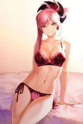 Rule 34 | 1girl, absurdres, bare shoulders, black bra, blue eyes, blush, bra, breasts, closed mouth, earrings, fate/grand order, fate (series), gradient background, hair ornament, highres, hip focus, jewelry, lace, lace-trimmed bra, lace trim, large breasts, long hair, looking at viewer, mashuu (neko no oyashiro), miyamoto musashi (fate), navel, on bed, panties, pink hair, pink panties, ponytail, scan, side-tie panties, signature, single sidelock, sitting, smile, solo, swept bangs, thighs, third-party source, underwear, underwear only