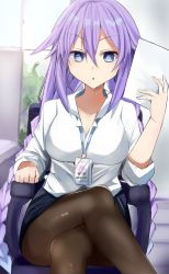 Rule 34 | 1girl, :o, absurdres, arm up, bimmy, black pantyhose, black skirt, blue eyes, breasts, choujigen game neptune, cleavage, collarbone, commentary, crossed legs, english commentary, hair between eyes, hair flaps, highres, holding, holding paper, indoors, long hair, long sleeves, looking at viewer, medium breasts, neptune (series), pantyhose, paper, power symbol, power symbol-shaped pupils, purple hair, purple heart (neptunia), shirt, sidelocks, sitting, skirt, solo, symbol-shaped pupils, twintails, white shirt