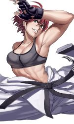 Rule 34 | 1girl, abs, absurdres, armpits, belt, black belt, black gloves, black sports bra, breasts, cleavage, clothes around waist, commentary, dougi, english commentary, fingerless gloves, gloves, grey eyes, han soo-min (hanny), hanny (uirusu chan), highres, jumping, karate gi, looking at viewer, martial arts belt, medium breasts, muscular, muscular female, original, red hair, scar, scar on neck, short hair, solo, sports bra, tekken, toned, white background
