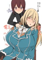 Rule 34 | 10s, 1boy, 1girl, admiral (kancolle), atago (kancolle), blonde hair, blush, breasts, brown eyes, brown hair, closed eyes, gigantic breasts, huge breasts, kantai collection, kloah, little boy admiral (kancolle), long hair, military, military uniform, open mouth, sitting, sleeping, text focus, translation request, uniform