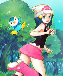 Rule 34 | 1girl, beanie, blue eyes, blue hair, boots, creatures (company), dawn (pokemon), day, forest, game freak, gen 4 pokemon, hair ornament, hairclip, hat, highres, holding, holding poke ball, kaworu, midriff, miniskirt, nature, nintendo, outdoors, pink footwear, piplup, poke ball, poke ball (basic), pokemon, pokemon (creature), skirt, smile, tank top, thighs, tree