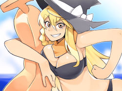 Rule 34 | 1girl, bad id, bad pixiv id, banana, bikini, blonde hair, braid, breasts, cleavage, female focus, food, fruit, grin, hat, holding, holding food, holding fruit, kirisame marisa, kosame daizu, large breasts, long hair, smile, solo, swimsuit, touhou, upper body, witch, witch hat, yellow eyes