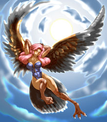 Rule 34 | 1girl, bird, breasts, claws, cloud, cloudy sky, feathered wings, feathers, harcypete, harpy, highres, kous (onetwojustice), large breasts, leotard, long hair, looking at viewer, monster girl, orange eyes, pink hair, seiken densetsu, seiken densetsu 3, sky, solo, talons, winged arms, wings
