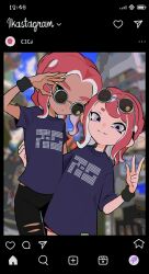 Rule 34 | 1boy, 1girl, black wristband, blue eyes, brand name imitation, dark-skinned male, dark skin, eyewear on headwear, imaikuy0, instagram, nintendo, octoling, octoling boy, octoling girl, octoling player character, purple eyes, purple shirt, red hair, round eyewear, shirt, short hair, short sleeves, smile, splatoon (series), tentacle hair